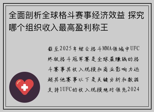 全面剖析全球格斗赛事经济效益 探究哪个组织收入最高盈利称王